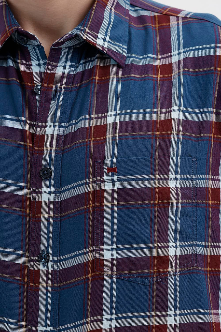 BASICS SLIM FIT POSEIDON BLUE COTTON TWILL CHECKS HALFSLEEVES SHIRT
