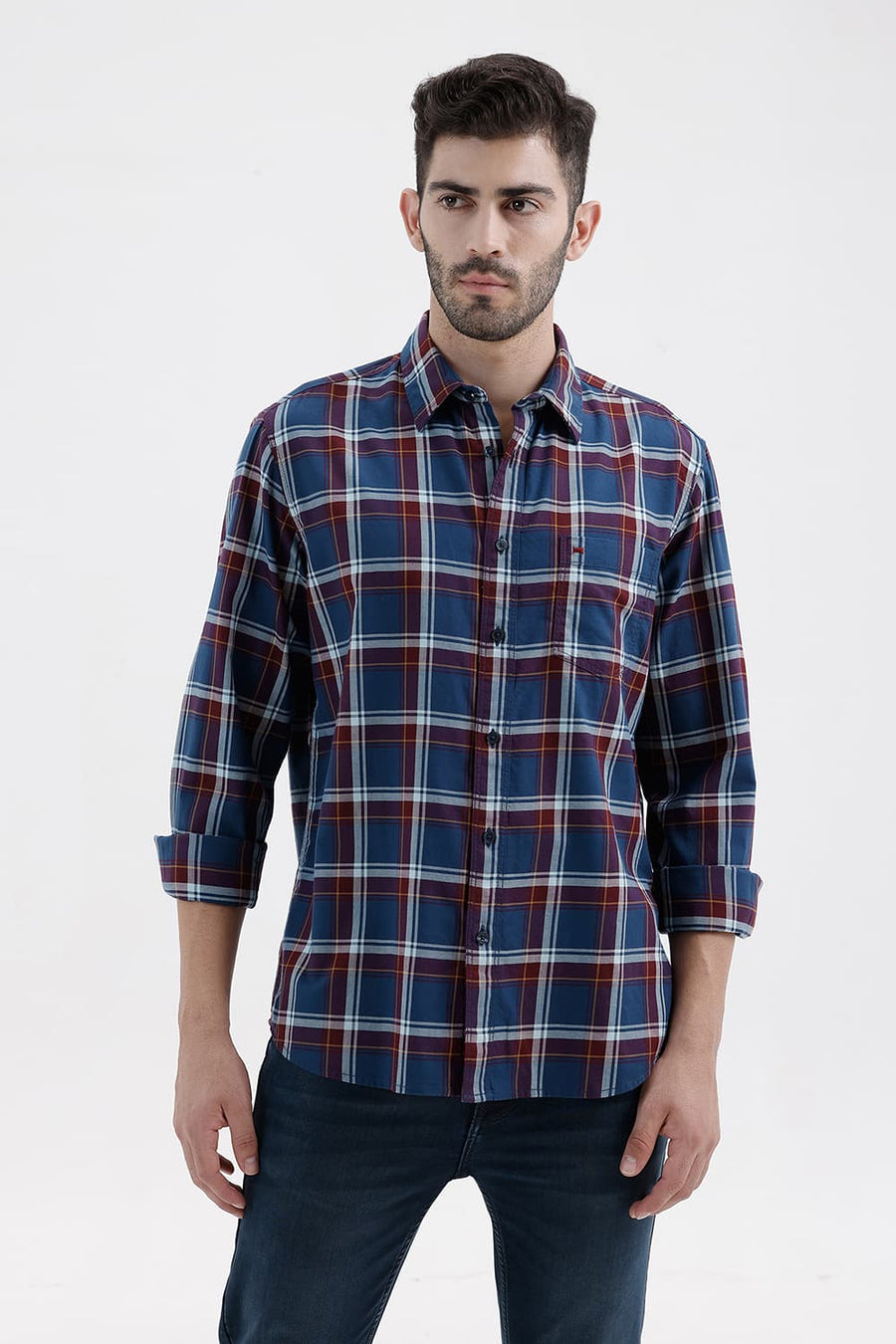 BASICS SLIM FIT POSEIDON BLUE COTTON TWILL CHECKS SHIRT