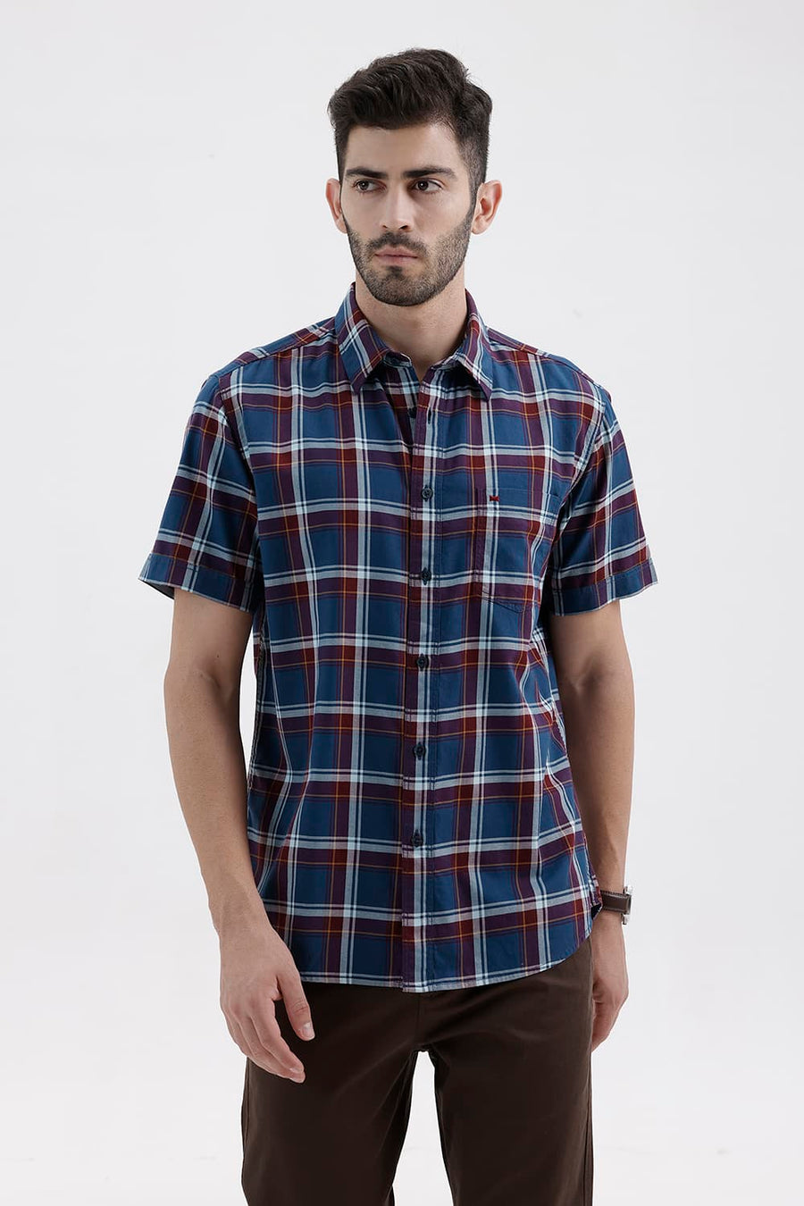 BASICS SLIM FIT POSEIDON BLUE COTTON TWILL CHECKS HALFSLEEVES SHIRT