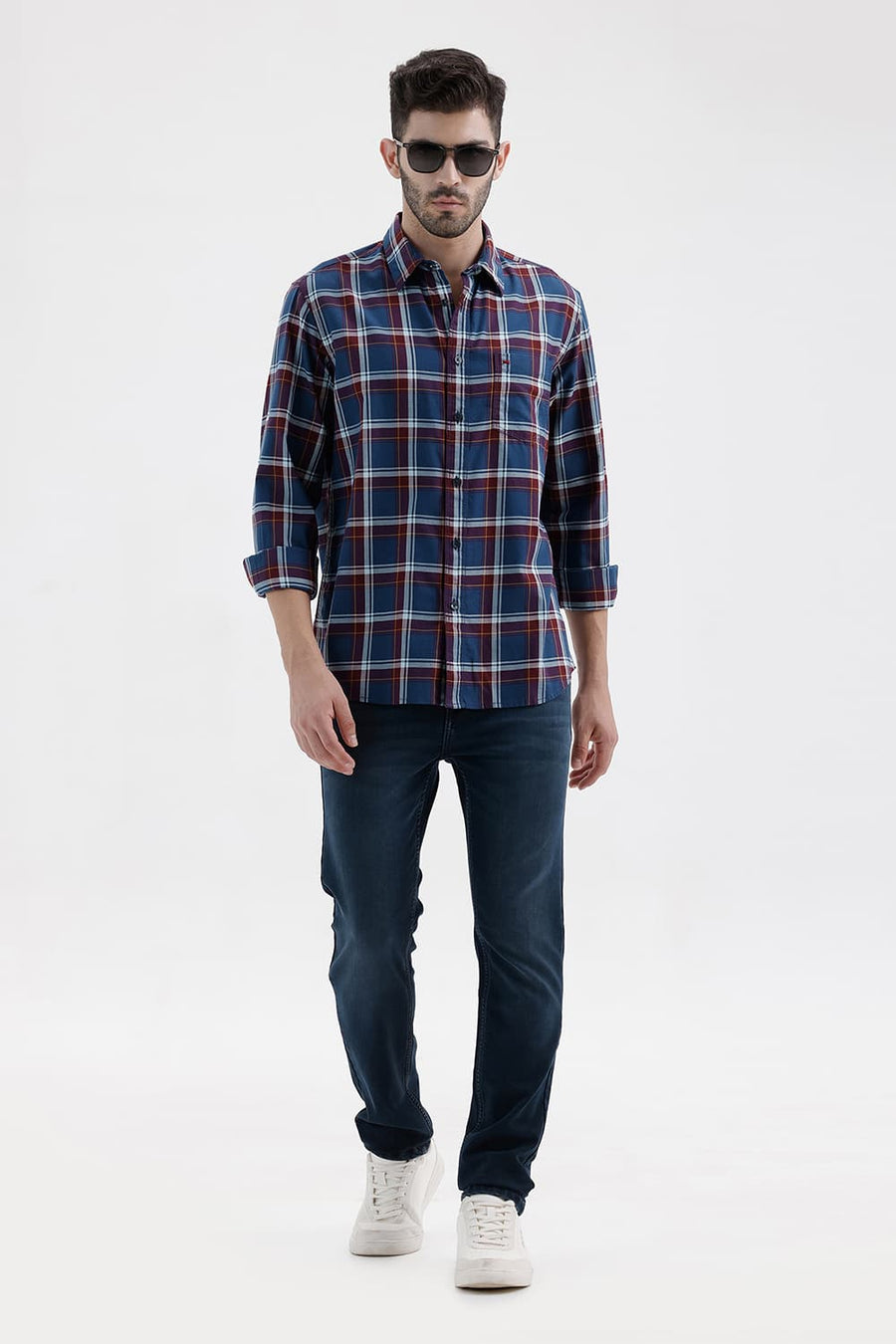 BASICS SLIM FIT POSEIDON BLUE COTTON TWILL CHECKS SHIRT