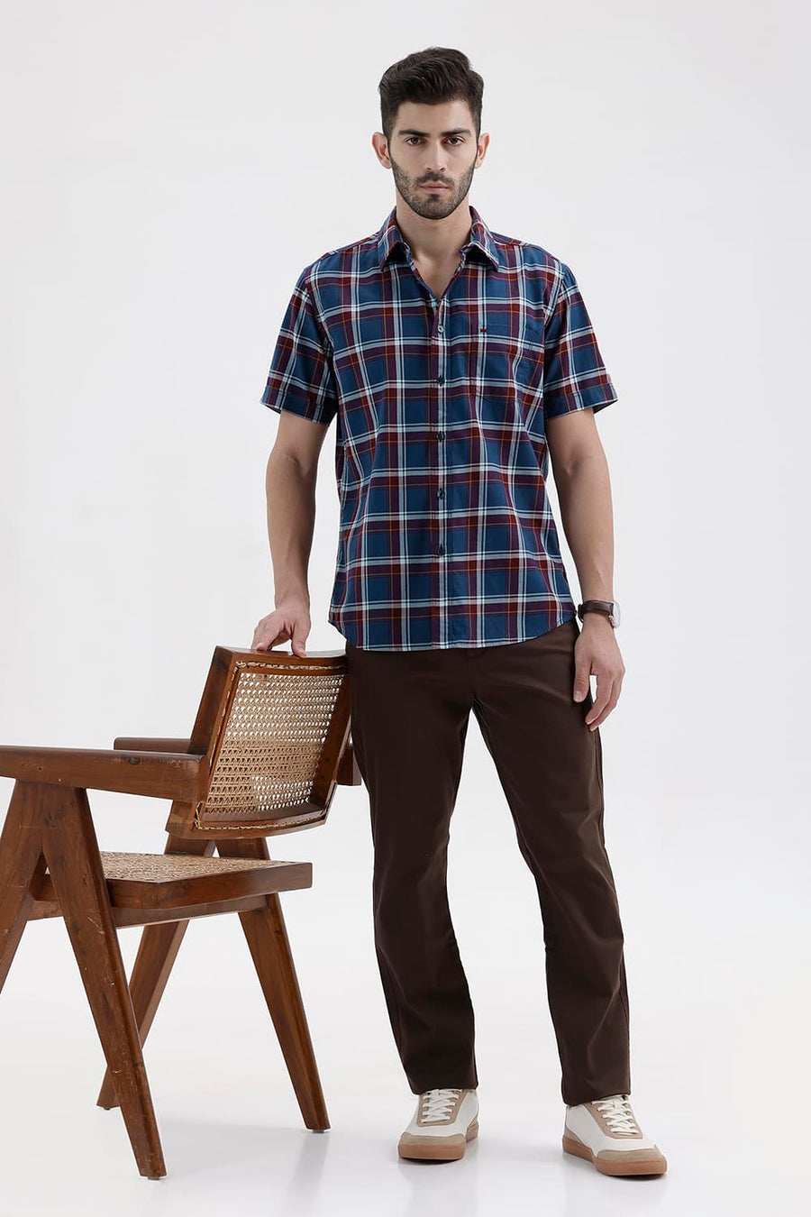 BASICS SLIM FIT POSEIDON BLUE COTTON TWILL CHECKS HALFSLEEVES SHIRT