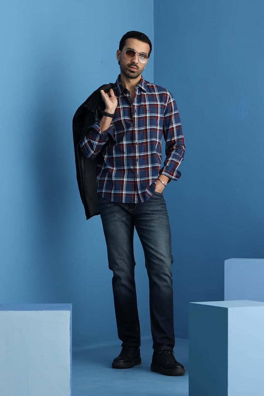 Basics Slim Fit Poseidon Blue Cotton Twill Checks Shirt