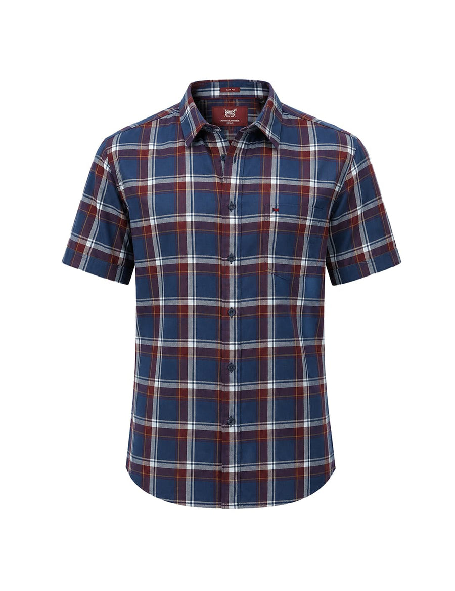 BASICS SLIM FIT POSEIDON BLUE COTTON TWILL CHECKS HALFSLEEVES SHIRT