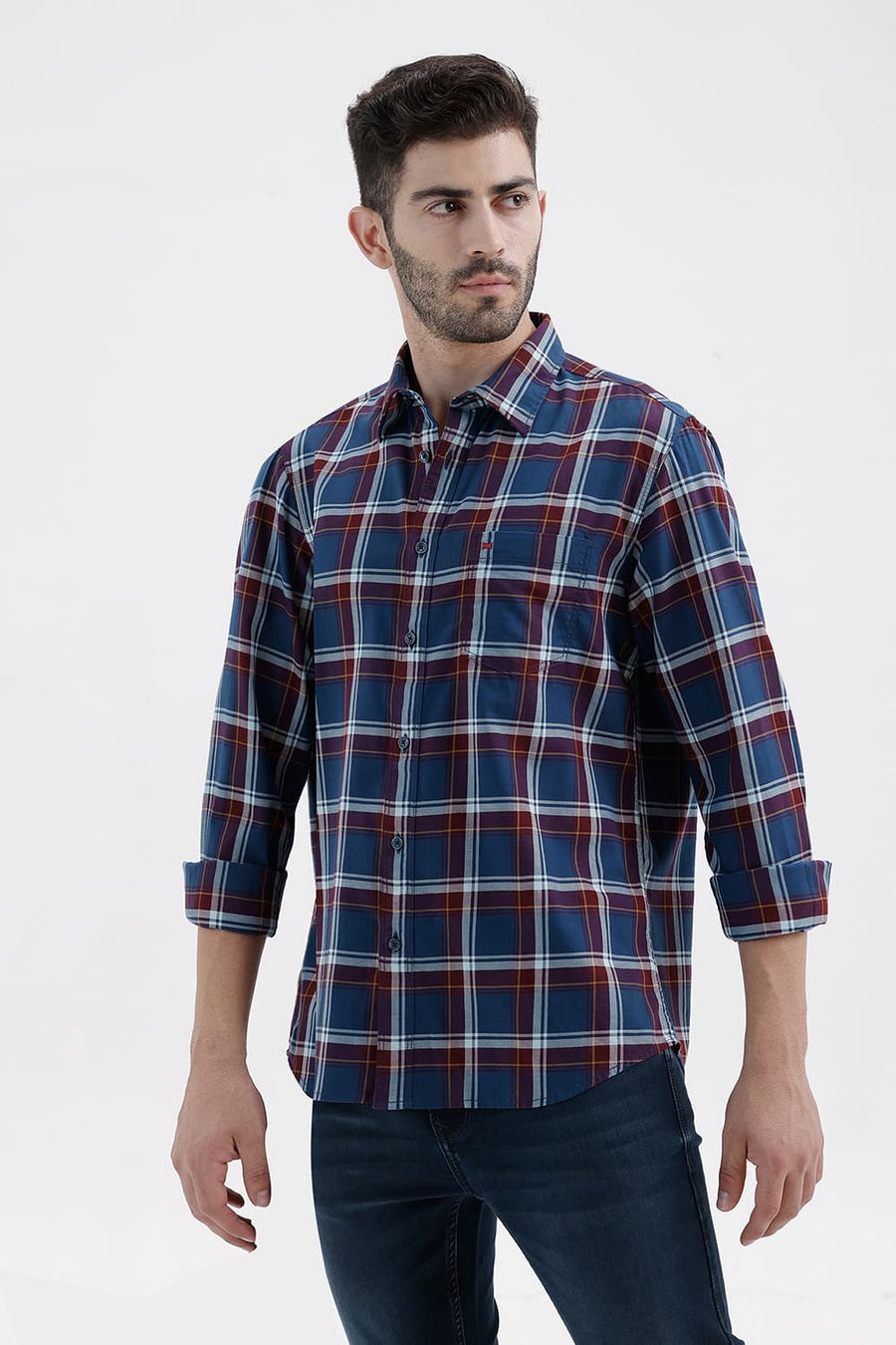 BASICS SLIM FIT POSEIDON BLUE COTTON TWILL CHECKS SHIRT