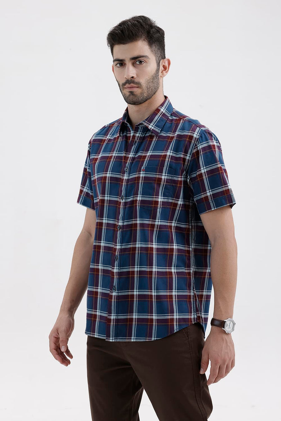 BASICS SLIM FIT POSEIDON BLUE COTTON TWILL CHECKS HALFSLEEVES SHIRT