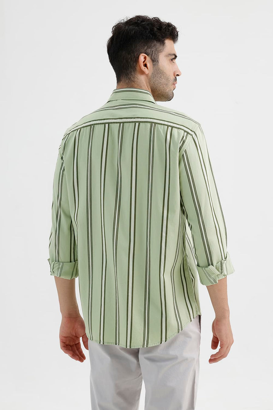 BASICS SLIM FIT SEACREST GREEN COTTON TWILL STRIPE SHIRT