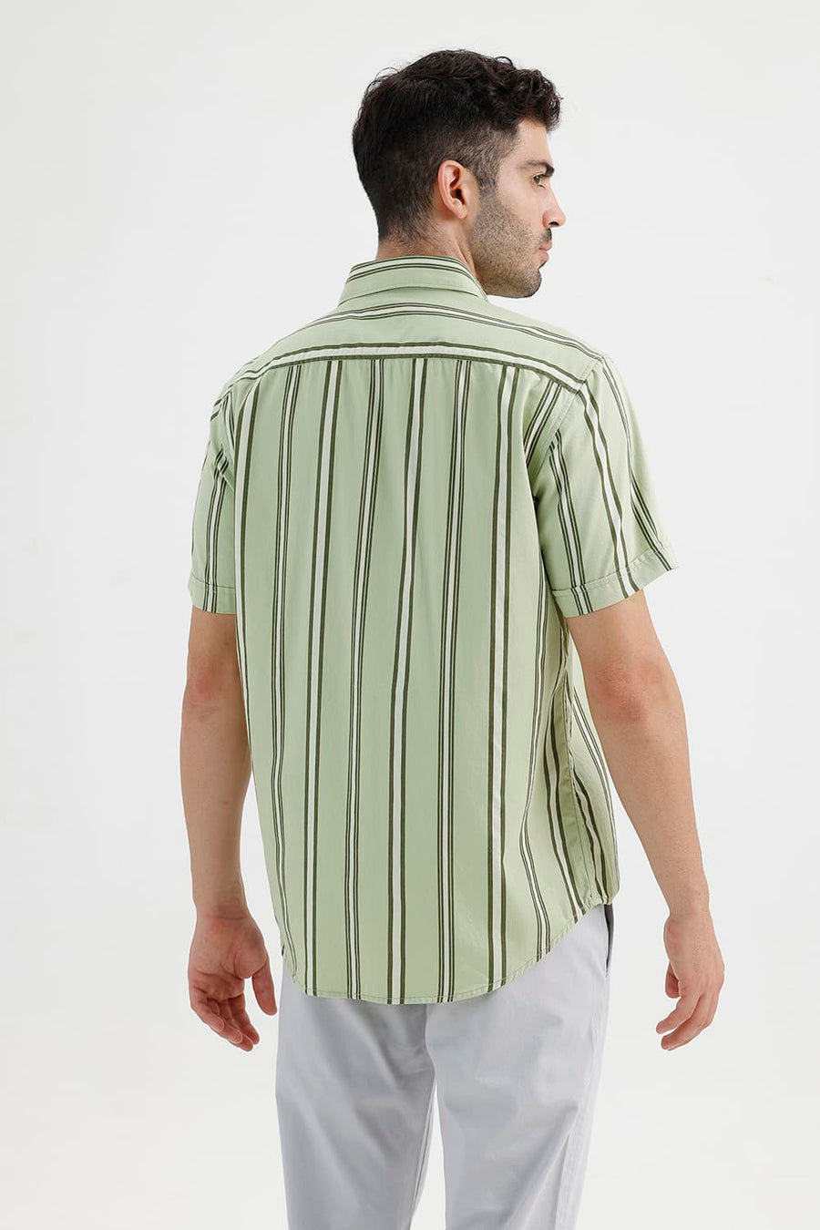 BASICS SLIM FIT SEACREST GREEN COTTON TWILL STRIPE HALFSLEEVES SHIRT