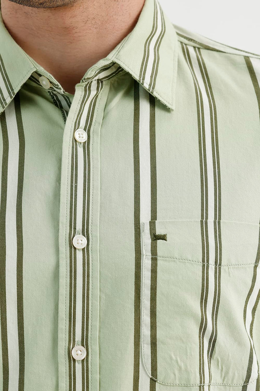BASICS SLIM FIT SEACREST GREEN COTTON TWILL STRIPE SHIRT