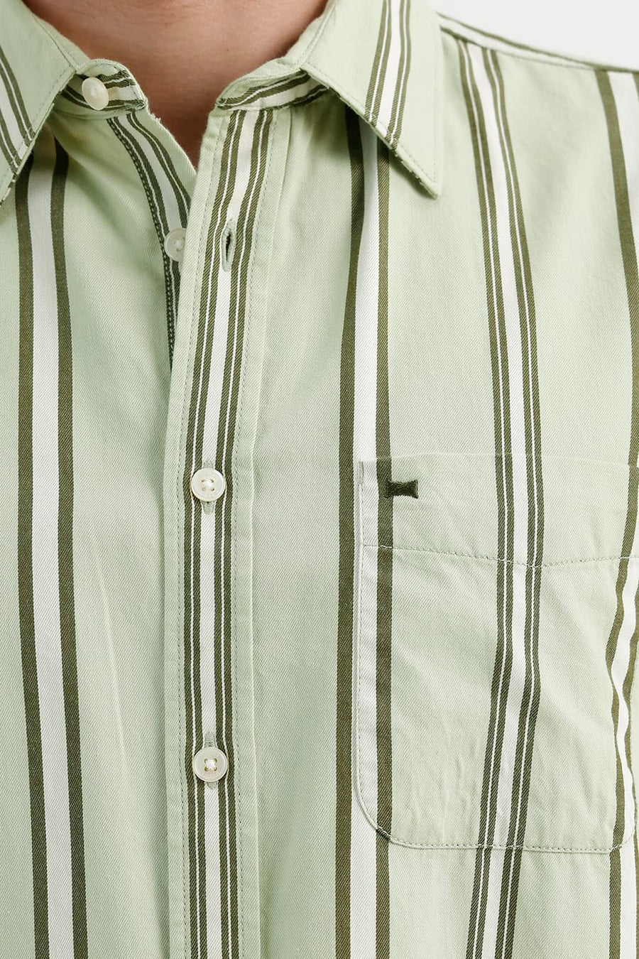 BASICS SLIM FIT SEACREST GREEN COTTON TWILL STRIPE HALFSLEEVES SHIRT