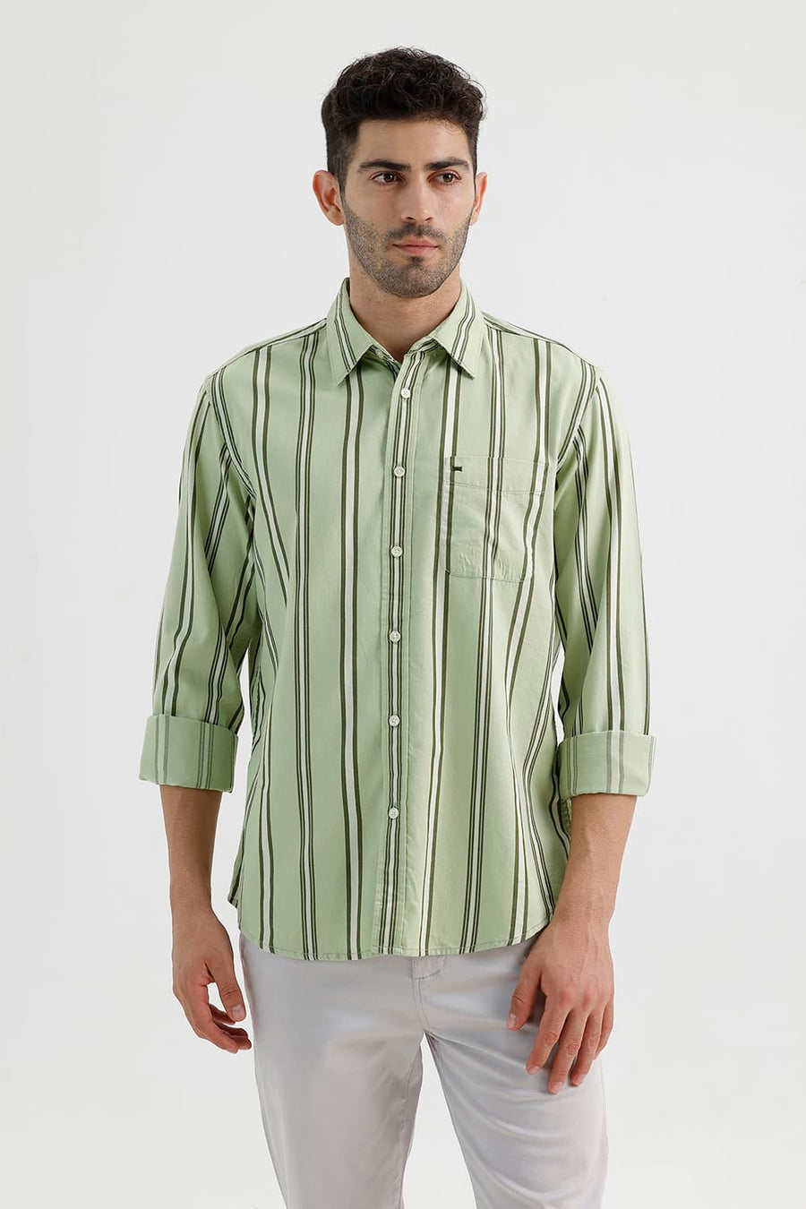 BASICS SLIM FIT SEACREST GREEN COTTON TWILL STRIPE SHIRT