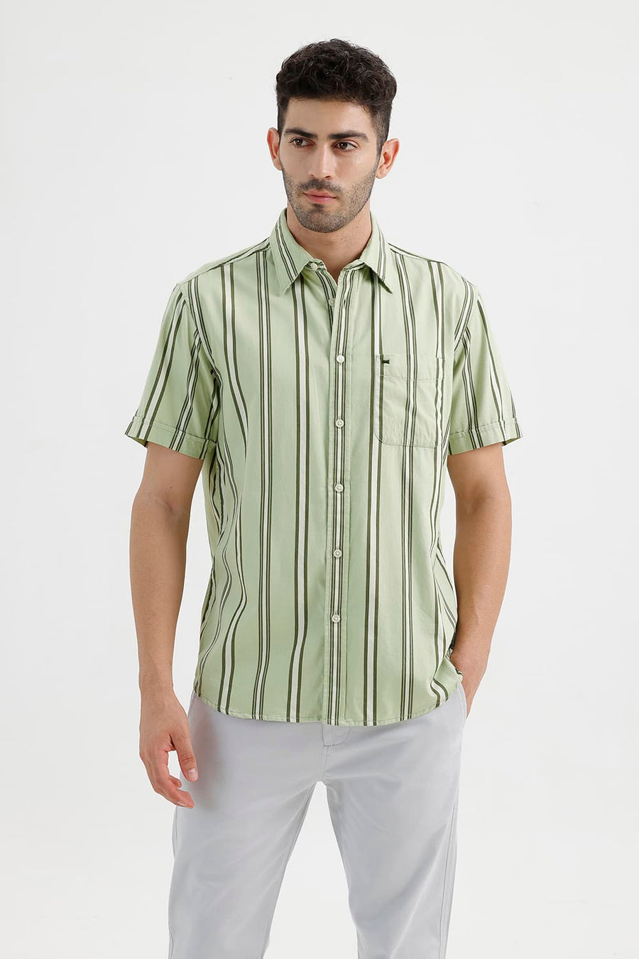 BASICS SLIM FIT SEACREST GREEN COTTON TWILL STRIPE HALFSLEEVES SHIRT