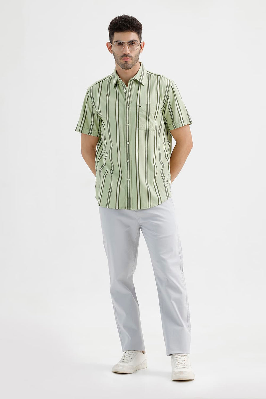 BASICS SLIM FIT SEACREST GREEN COTTON TWILL STRIPE HALFSLEEVES SHIRT