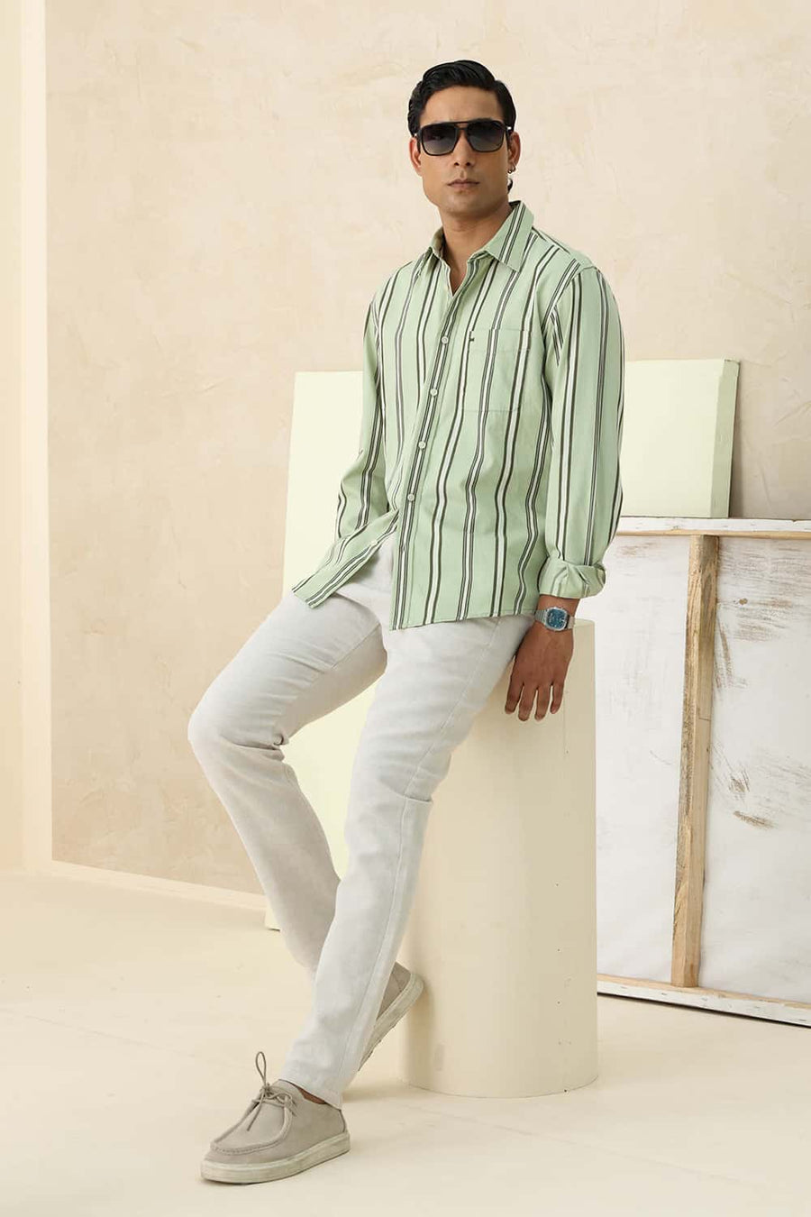 Basics Slim Fit Seacrest Green Cotton Twill Stripe Shirt