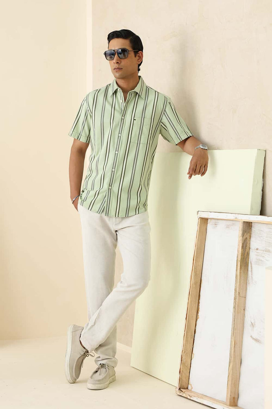 Basics Slim Fit Seacrest Green Cotton Twill Stripe Halfsleeves Shirt