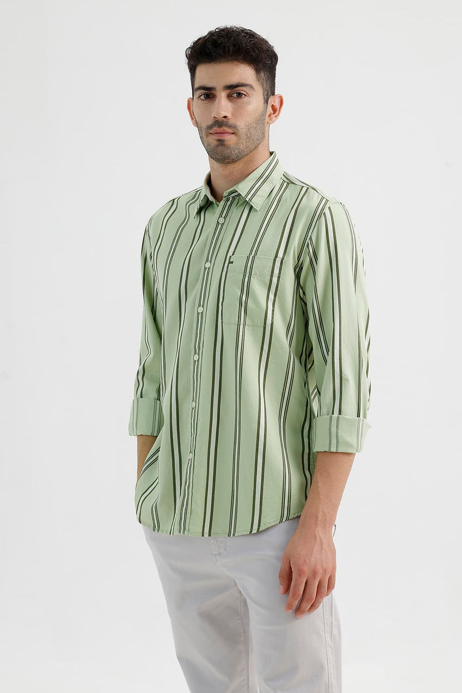 BASICS SLIM FIT SEACREST GREEN COTTON TWILL STRIPE SHIRT