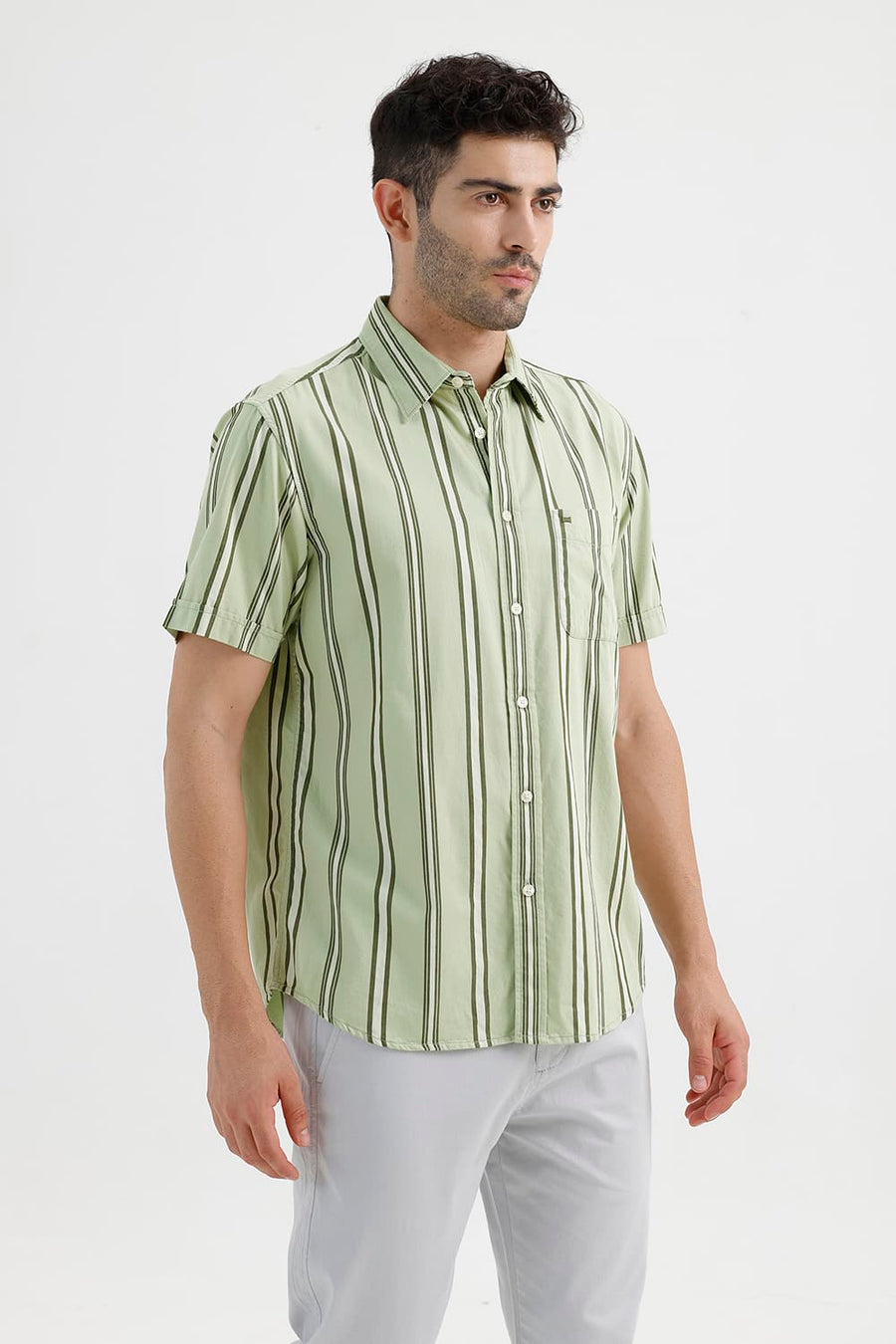 BASICS SLIM FIT SEACREST GREEN COTTON TWILL STRIPE HALFSLEEVES SHIRT