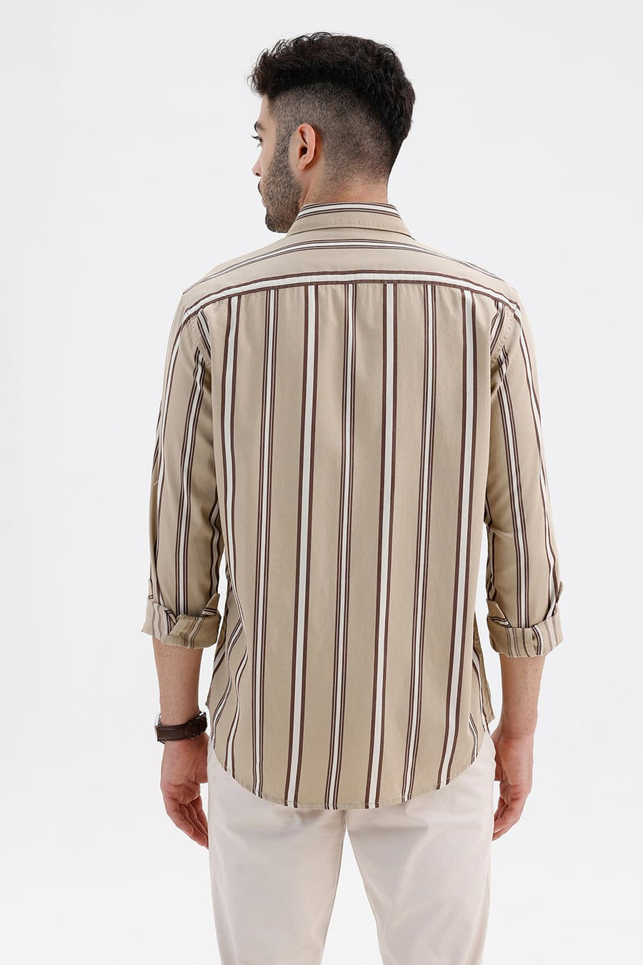 BASICS SLIM FIT PEPPER KHAKI COTTON TWILL STRIPE SHIRT