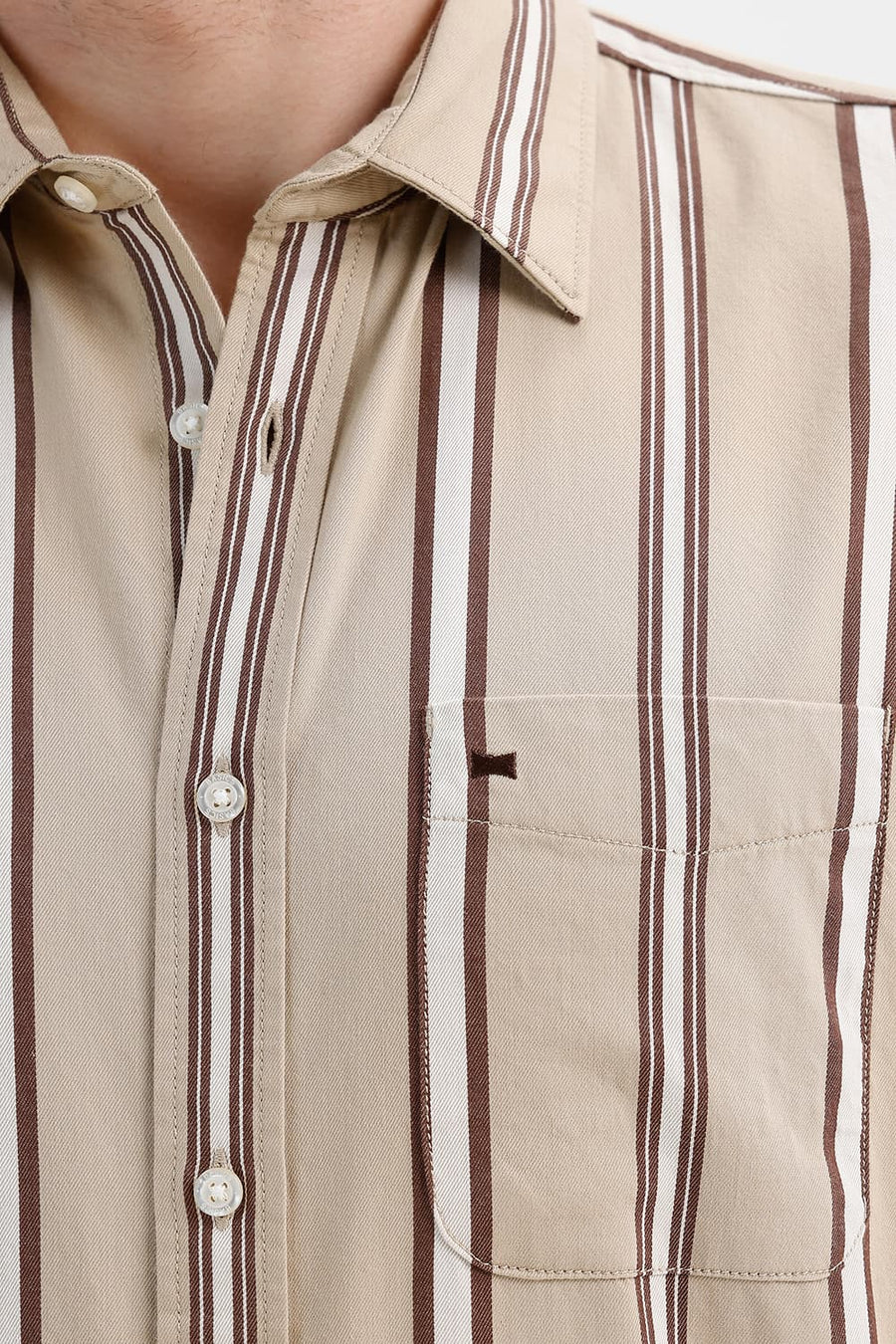 BASICS SLIM FIT PEPPER KHAKI COTTON TWILL STRIPE SHIRT