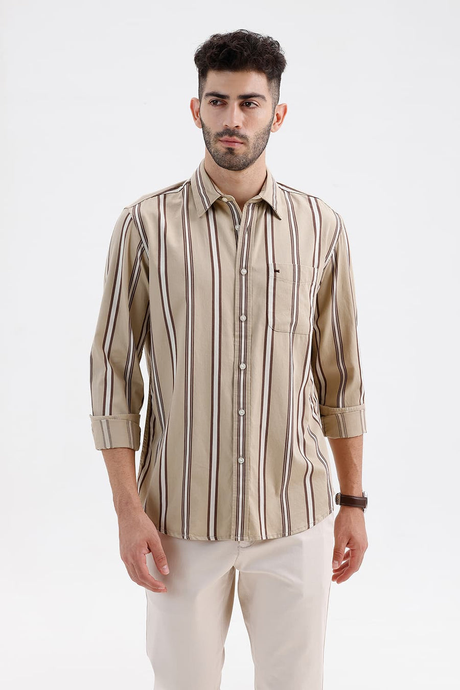 BASICS SLIM FIT PEPPER KHAKI COTTON TWILL STRIPE SHIRT