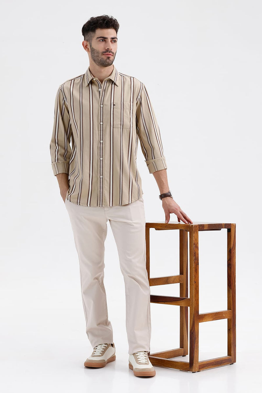 BASICS SLIM FIT PEPPER KHAKI COTTON TWILL STRIPE SHIRT