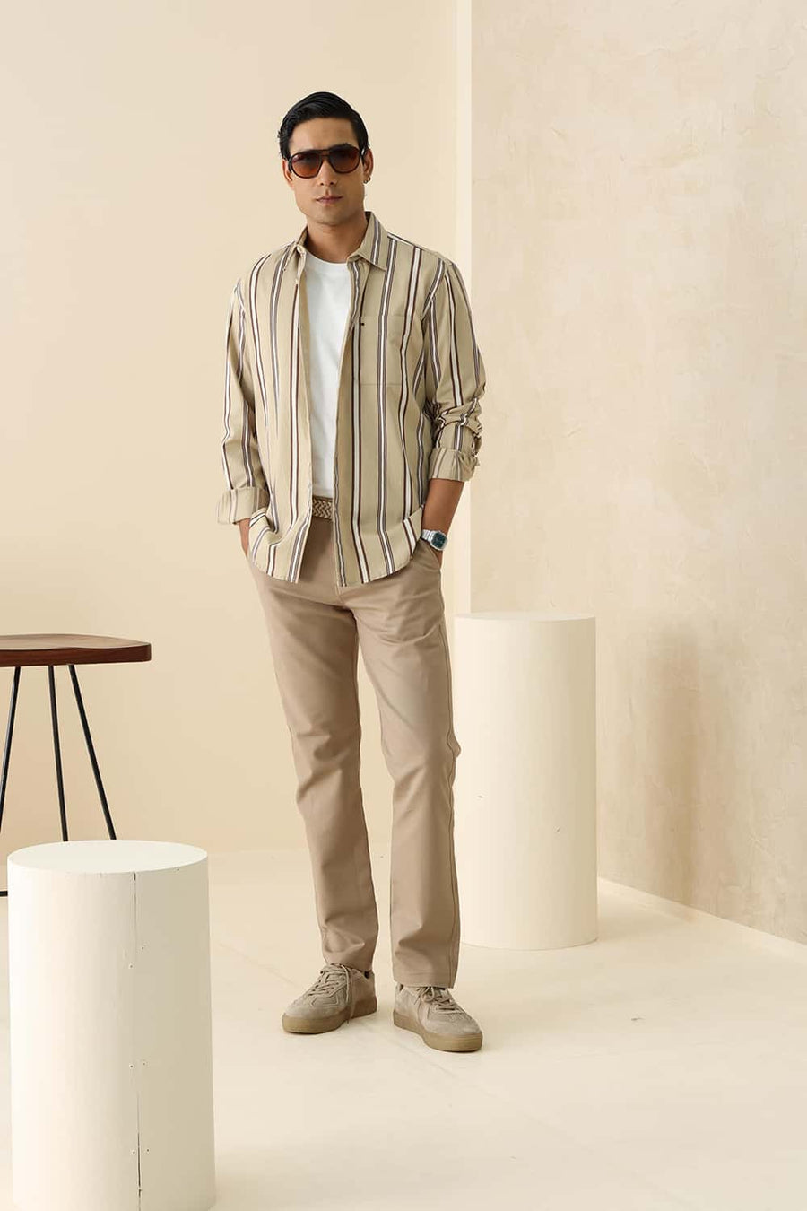 Basics Slim Fit Pepper Khaki Cotton Twill Stripe Shirt