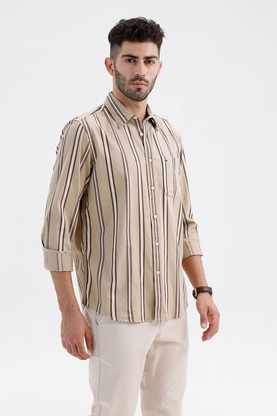 BASICS SLIM FIT PEPPER KHAKI COTTON TWILL STRIPE SHIRT