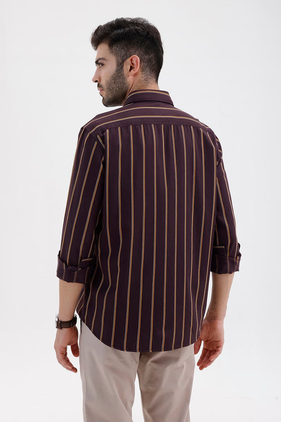 BASICS SLIM FIT EXPRESSO BROWN COTTON TWILL STRIPE SHIRT