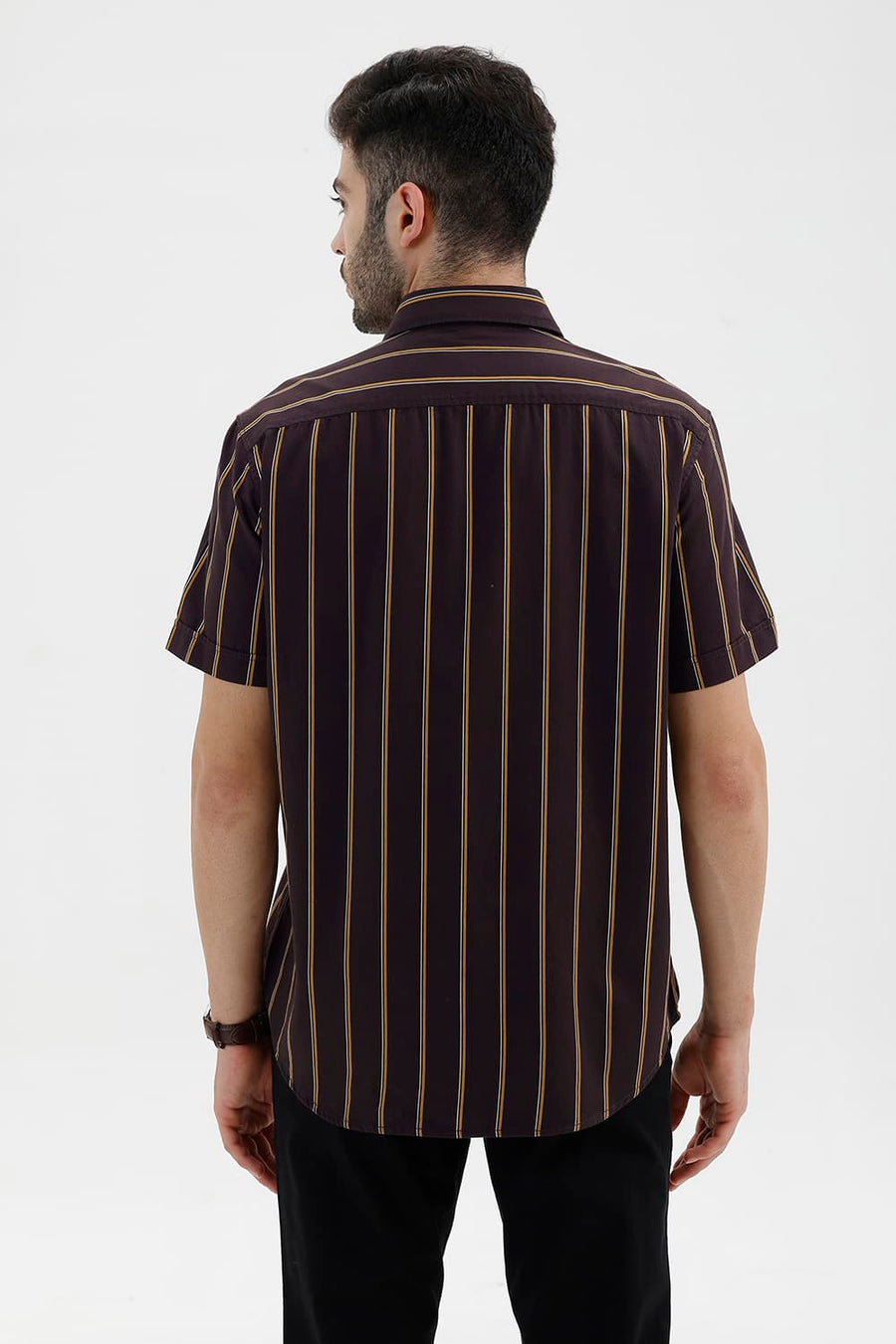 BASICS SLIM FIT EXPRESSO BROWN COTTON TWILL STRIPE HALFSLEEVES SHIRT