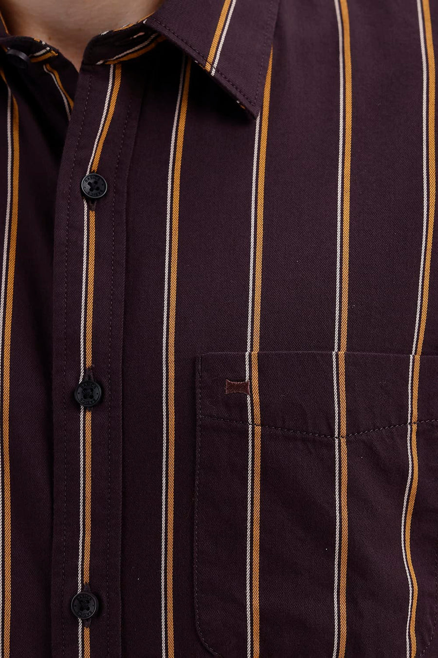 BASICS SLIM FIT EXPRESSO BROWN COTTON TWILL STRIPE SHIRT