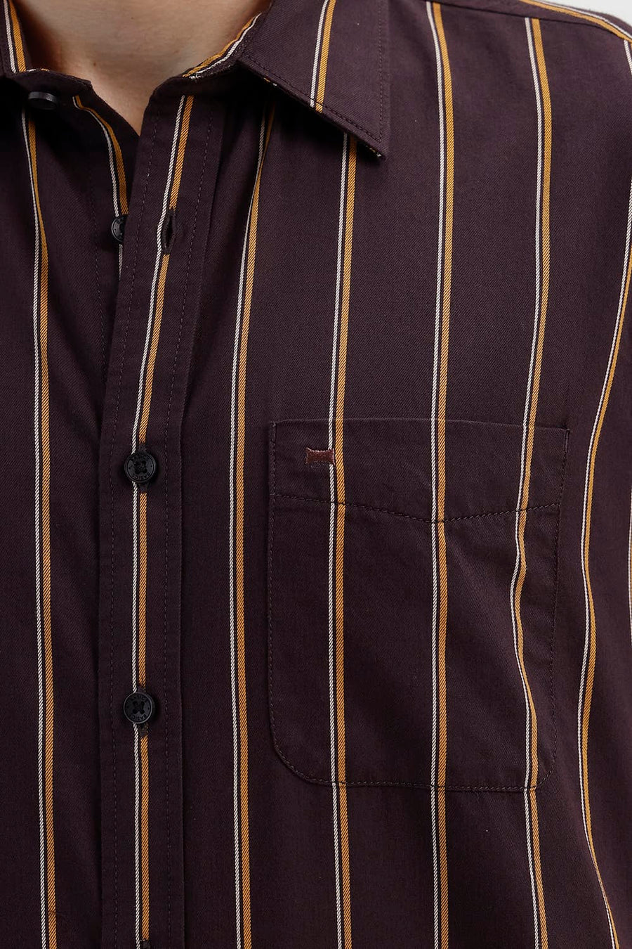 BASICS SLIM FIT EXPRESSO BROWN COTTON TWILL STRIPE HALFSLEEVES SHIRT