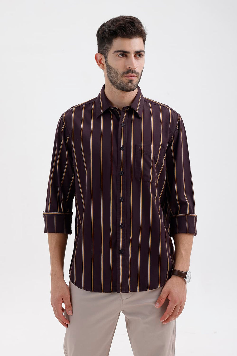BASICS SLIM FIT EXPRESSO BROWN COTTON TWILL STRIPE SHIRT