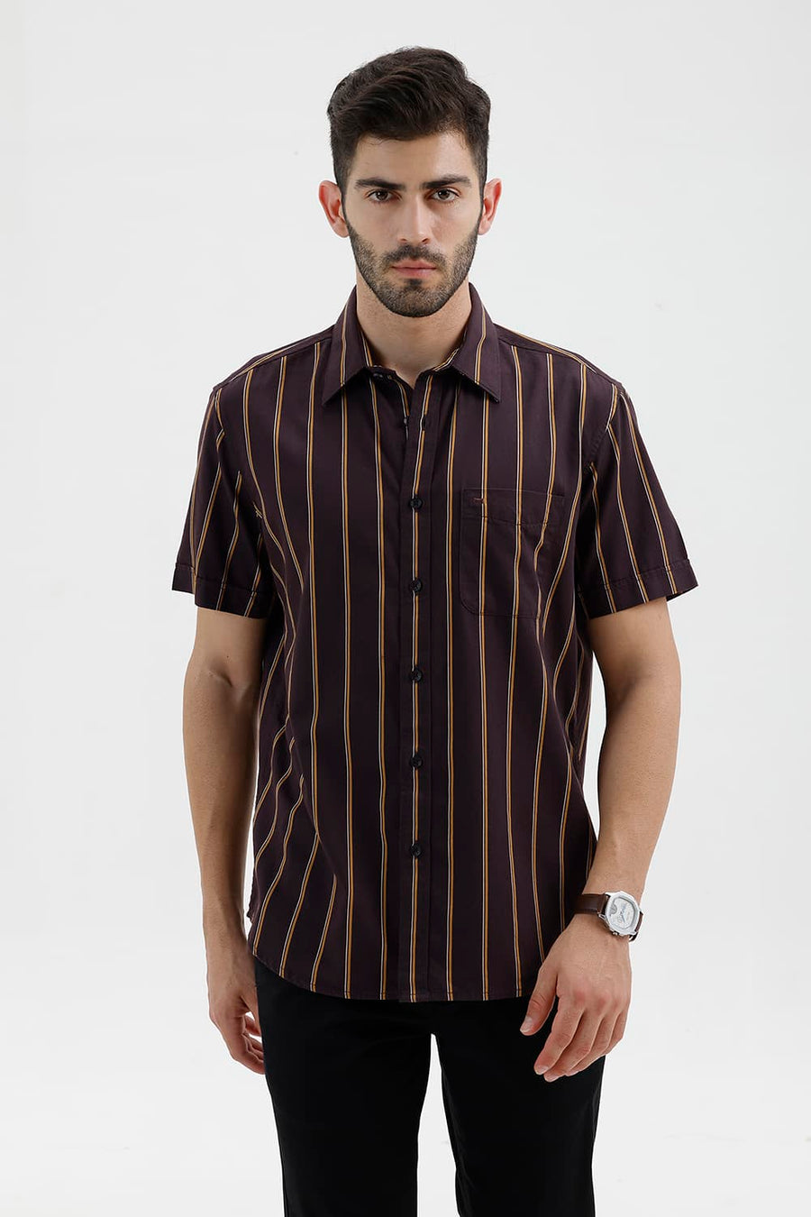 BASICS SLIM FIT EXPRESSO BROWN COTTON TWILL STRIPE HALFSLEEVES SHIRT