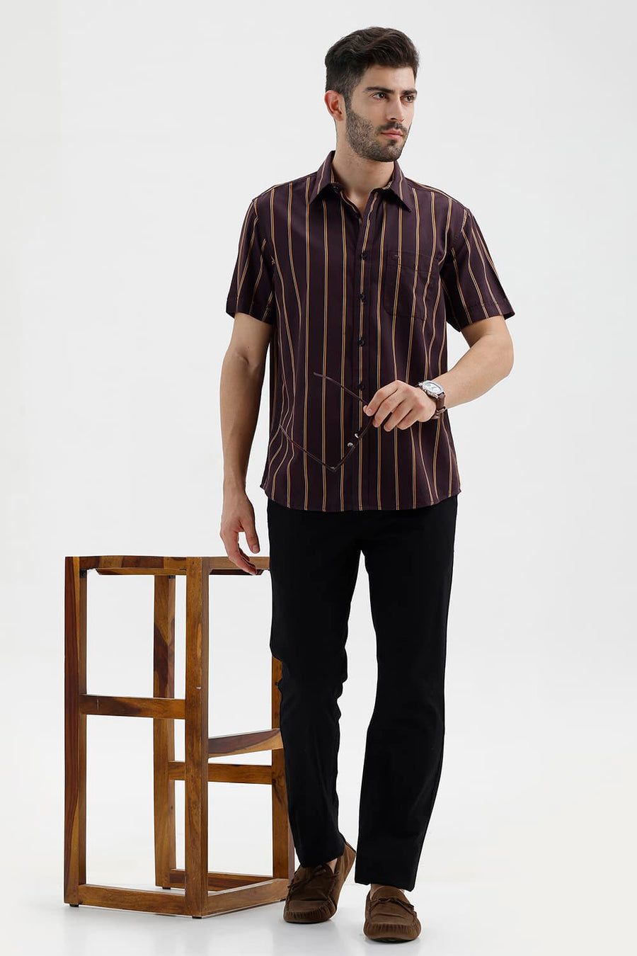 BASICS SLIM FIT EXPRESSO BROWN COTTON TWILL STRIPE HALFSLEEVES SHIRT