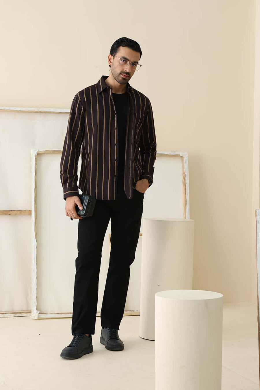 Basics Slim Fit Expresso Brown Cotton Twill Stripe Shirt