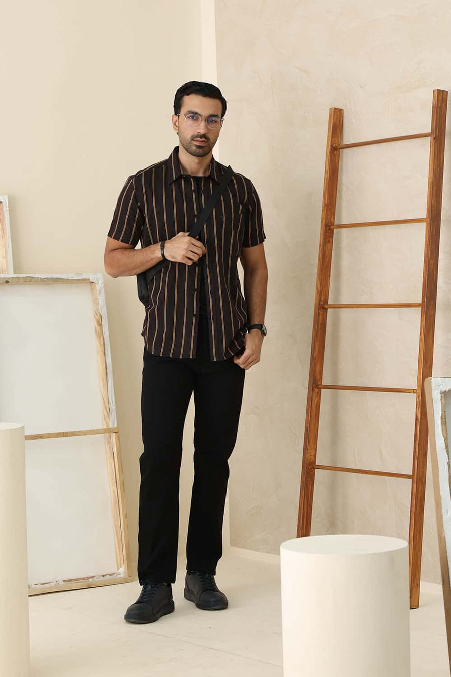 Basics Slim Fit Expresso Brown Cotton Twill Stripe Halfsleeves Shirt