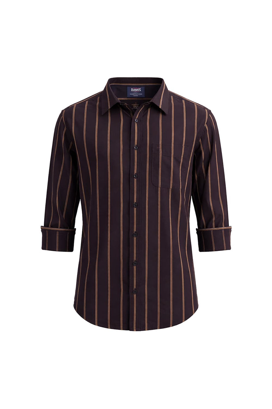 BASICS SLIM FIT EXPRESSO BROWN COTTON TWILL STRIPE SHIRT