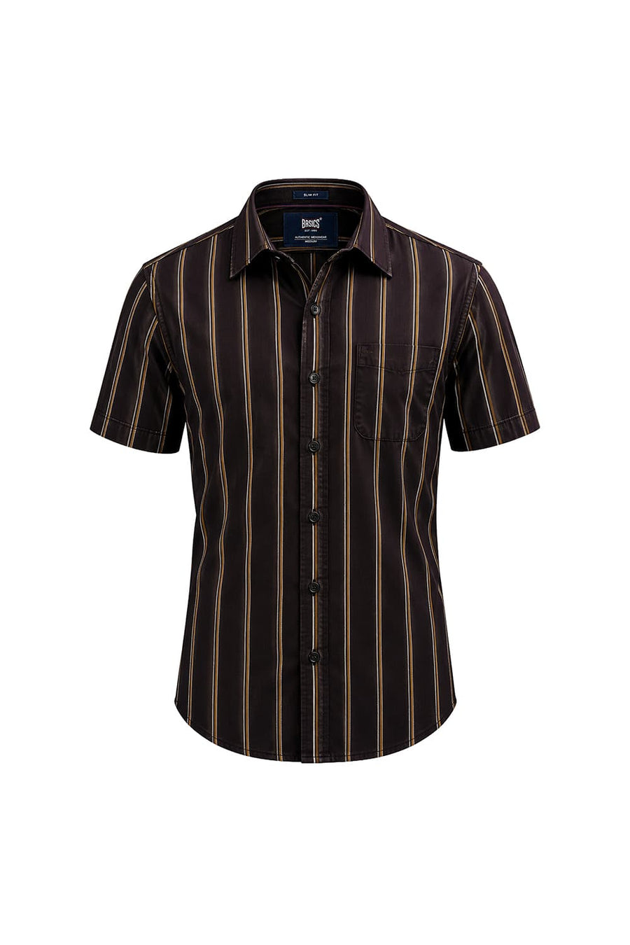 BASICS SLIM FIT EXPRESSO BROWN COTTON TWILL STRIPE HALFSLEEVES SHIRT
