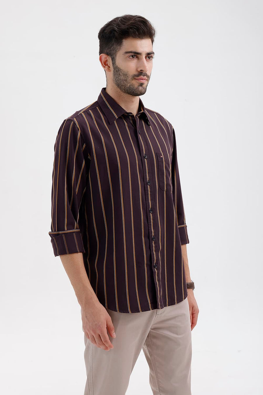 BASICS SLIM FIT EXPRESSO BROWN COTTON TWILL STRIPE SHIRT