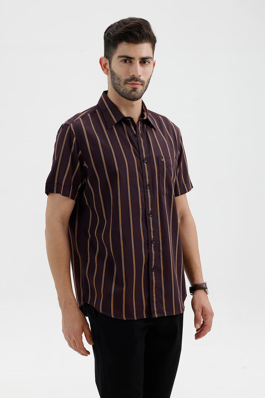 BASICS SLIM FIT EXPRESSO BROWN COTTON TWILL STRIPE HALFSLEEVES SHIRT