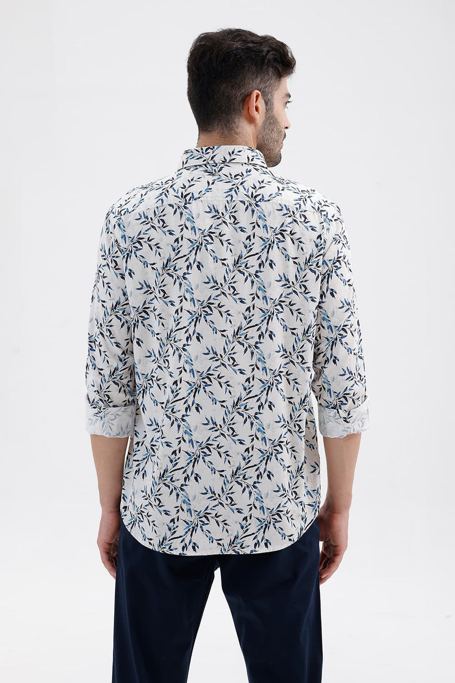 BASICS SLIM FIT PALE BEIGE COTTON DIGITAL PRINTED SHIRT