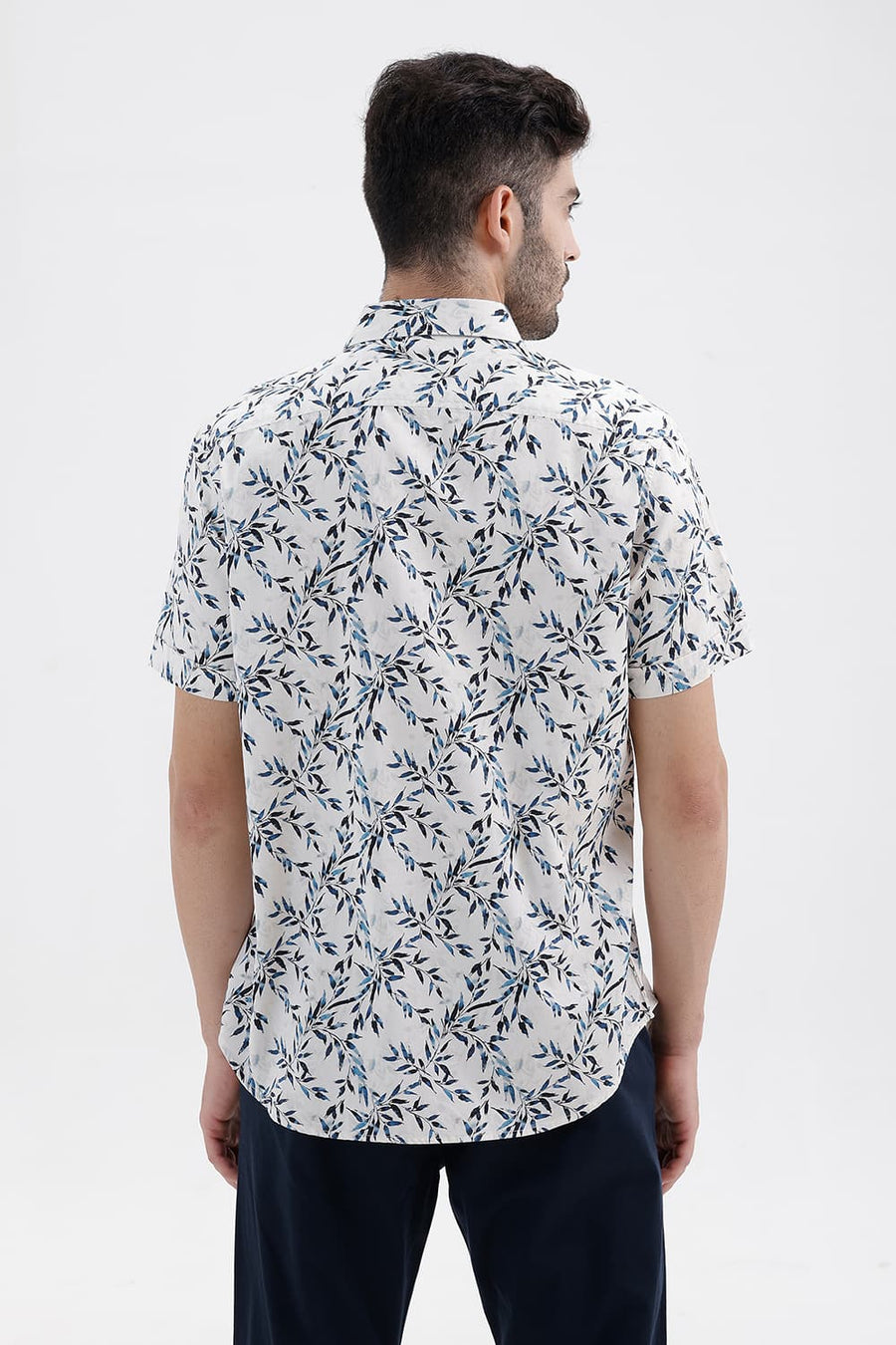 BASICS SLIM FIT PALE BEIGE COTTON DIGITAL PRINTED HALFSLEEVES SHIRT