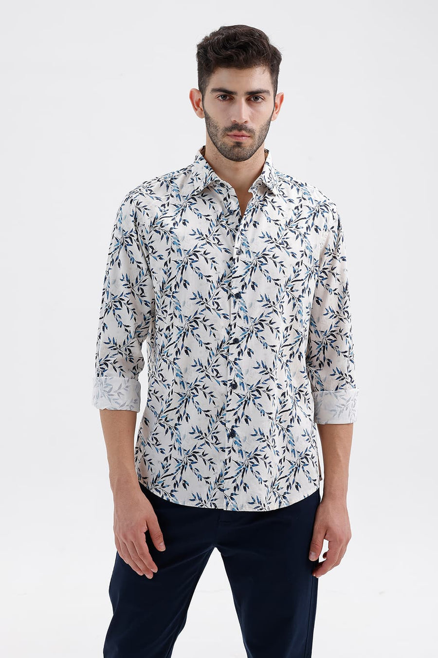 BASICS SLIM FIT PALE BEIGE COTTON DIGITAL PRINTED SHIRT