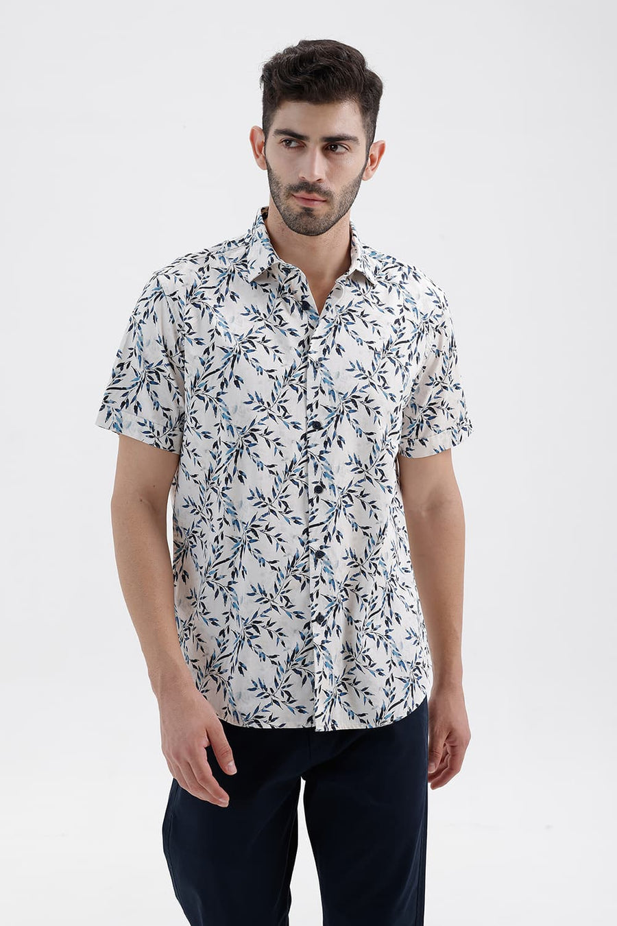 BASICS SLIM FIT PALE BEIGE COTTON DIGITAL PRINTED HALFSLEEVES SHIRT