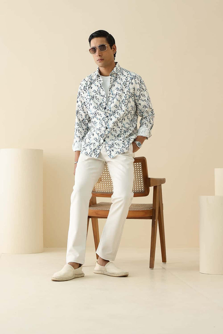 Basics Slim Fit Pale Beige Cotton Digital Printed Shirt