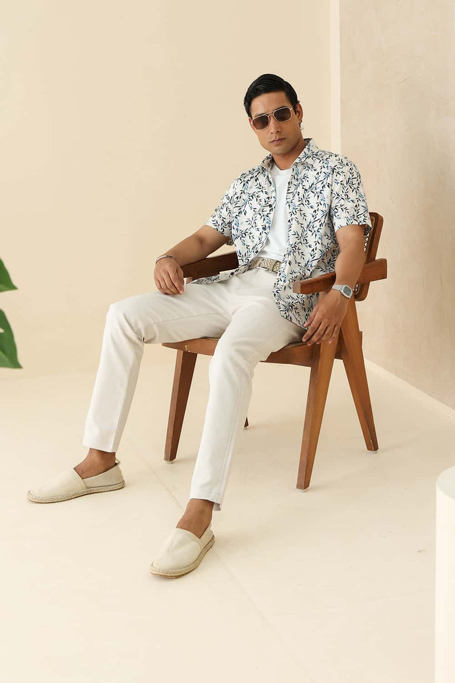 Basics Slim Fit Pale Beige Cotton Digital Printed Halfsleeves Shirt
