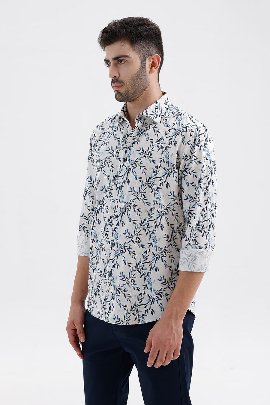 BASICS SLIM FIT PALE BEIGE COTTON DIGITAL PRINTED SHIRT
