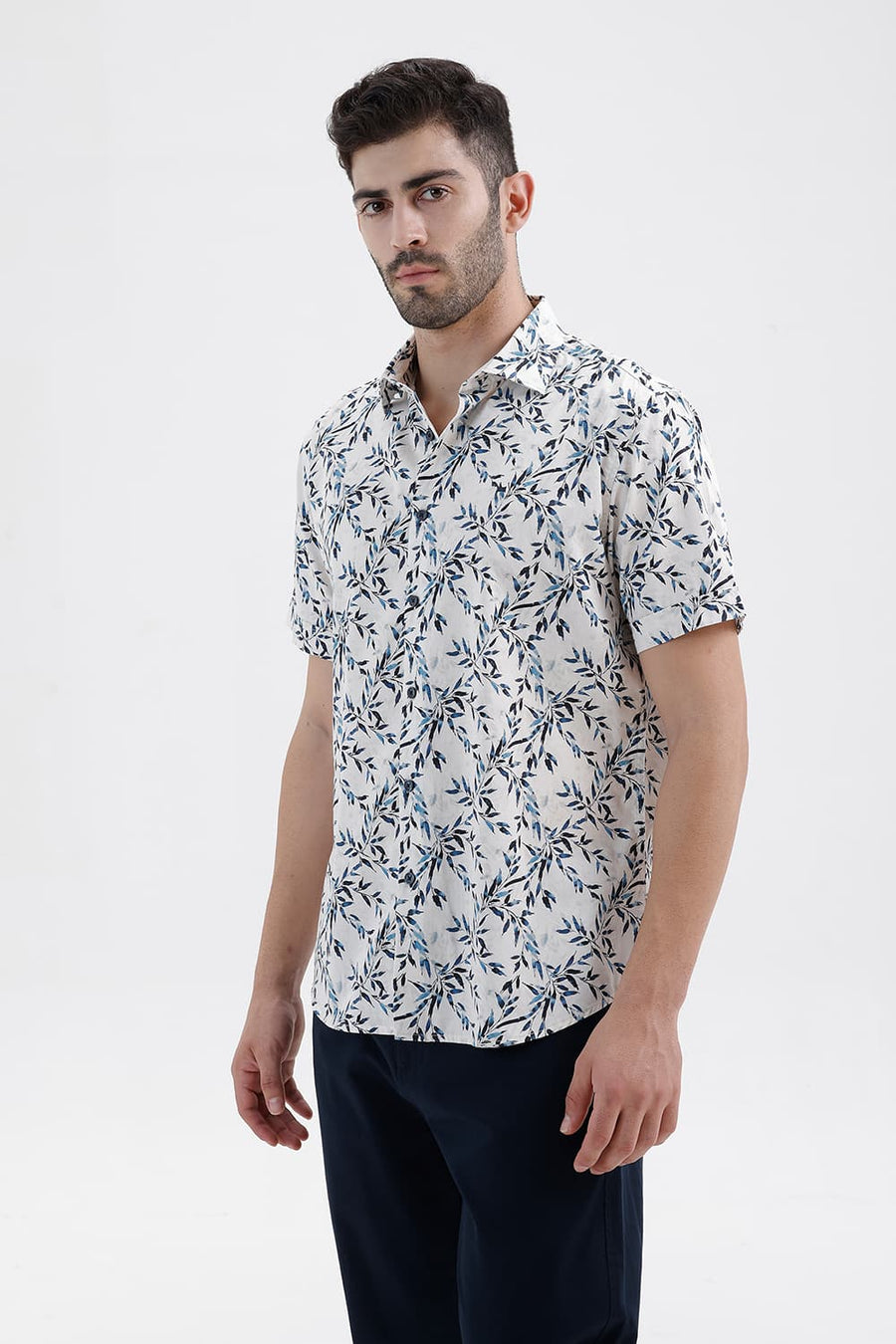 BASICS SLIM FIT PALE BEIGE COTTON DIGITAL PRINTED HALFSLEEVES SHIRT