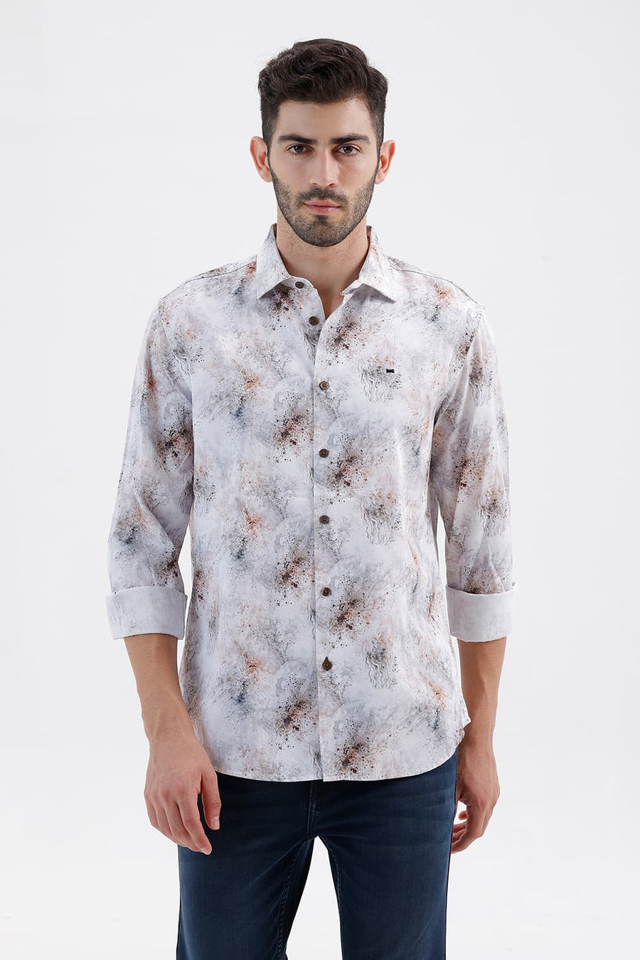 BASICS SLIM FIT CLOUD WHITE COTTON DIGITAL PRINTED SHIRT