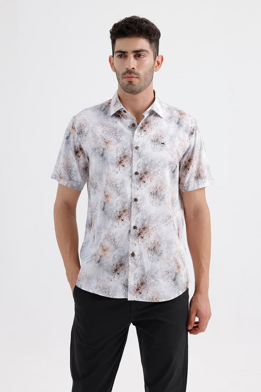 BASICS SLIM FIT CLOUD WHITE COTTON DIGITAL PRINTED HALFSLEEVES SHIRT