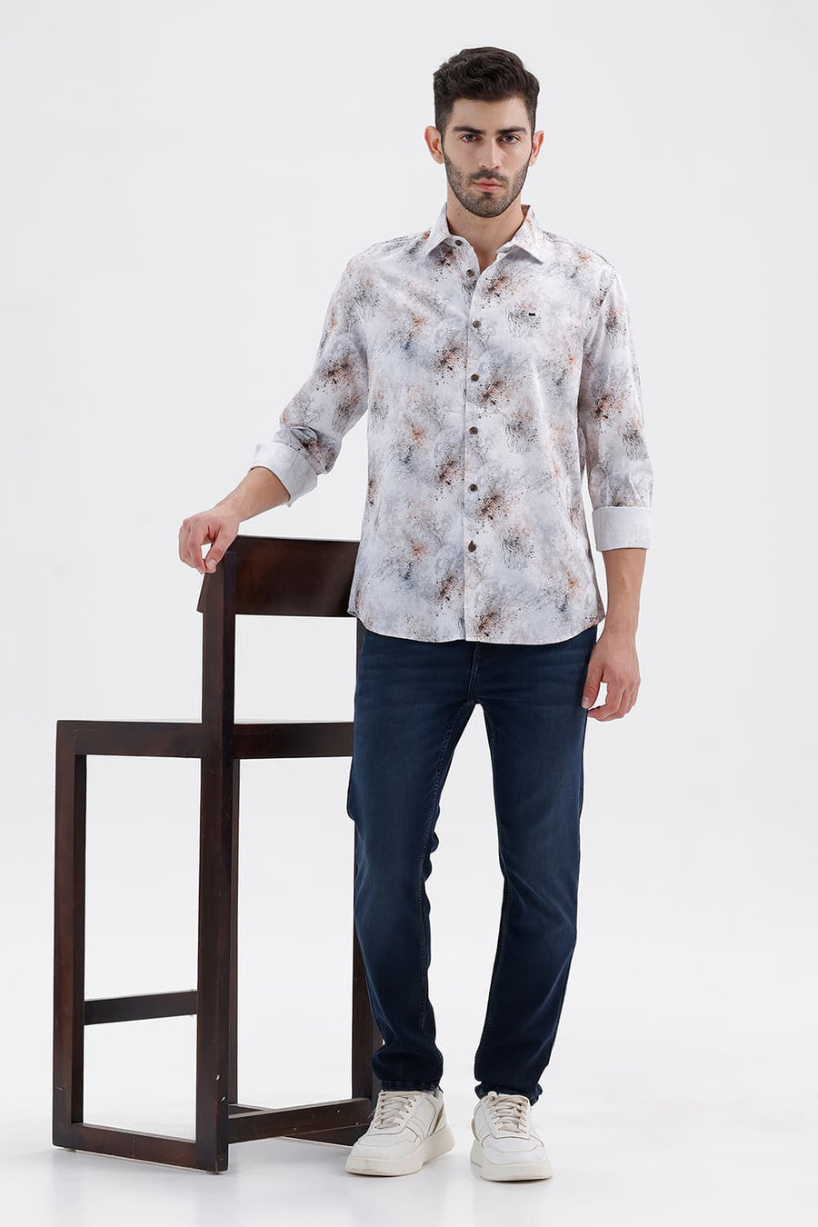 BASICS SLIM FIT CLOUD WHITE COTTON DIGITAL PRINTED SHIRT